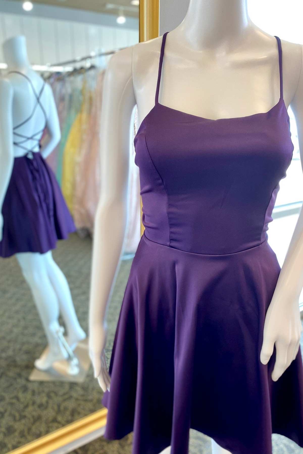 Homecoming Dress Pretty, A-Line Purple Lace-Up Short Satin Homecoming Dresses