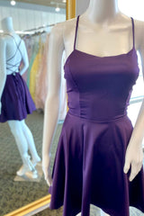 Homecoming Dress Pretty, A-Line Purple Lace-Up Short Satin Homecoming Dresses