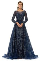 Formal Dress Gowns, A-line Round Floor-length Long Sleeve Appliques Lace Beaded Prom Dresses