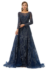Formal Dresses Fashion, A-line Round Floor-length Long Sleeve Appliques Lace Beaded Prom Dresses