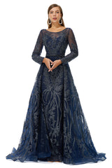 Formal Dress Fashion, A-line Round Floor-length Long Sleeve Appliques Lace Beaded Prom Dresses