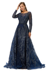 Formal Dress Elegant, A-line Round Floor-length Long Sleeve Appliques Lace Beaded Prom Dresses