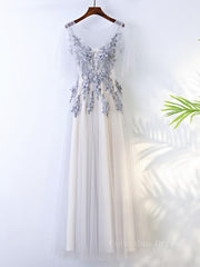 Elegant Wedding, A Line Round Neck Half Sleeves Gray Lace Prom Dresses, Gray Floral Long Formal Evening Dresses