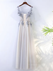 Wedding Pictures Ideas, A Line Round Neck Half Sleeves Gray Lace Prom Dresses, Gray Floral Long Formal Evening Dresses