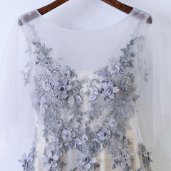 Indian Wedding Dress, A Line Round Neck Half Sleeves Gray Lace Prom Dresses, Gray Floral Long Formal Evening Dresses