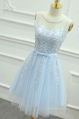 Open Back Prom Dress, A Line Round Neck Lace Blue Short Prom Dress, Short Blue Lace Formal Graduation Homecoming Dress