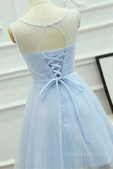 Prom Pictures, A Line Round Neck Lace Blue Short Prom Dress, Short Blue Lace Formal Graduation Homecoming Dress