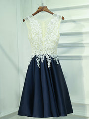 Gown Dress Elegant, A Line Round Neck Short Lace Prom Dresses, Navy Blue Short Lace Formal Homecoming Dresses