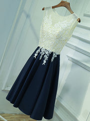 Tights Dress Outfit, A Line Round Neck Short Lace Prom Dresses, Navy Blue Short Lace Formal Homecoming Dresses