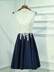 Little Black Dress, A Line Round Neck Short Lace Prom Dresses, Navy Blue Short Lace Formal Homecoming Dresses