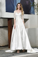 Wedding Dresses For Summer, A-Line Satin Lace 3/4 Sleeves Ankle Length Wedding Dresses