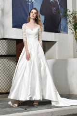 Wedding Dress Romantic, A-Line Satin Lace 3/4 Sleeves Ankle Length Wedding Dresses
