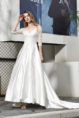 Wedding Dress Under, A-Line Satin Lace 3/4 Sleeves Ankle Length Wedding Dresses