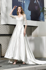 Wedding Dresses Chic, A-Line Satin Lace 3/4 Sleeves Ankle Length Wedding Dresses