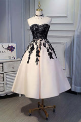 Wedding Flower, A-line Satin Short Prom Dresses,Homecoming Dress with Black Lace