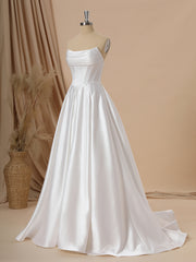 Wedding Dress Back, A-line Satin Straight Pleated Sweep Train Corset Wedding Dress