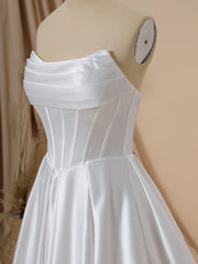 Wedding Dresses Back, A-line Satin Straight Pleated Sweep Train Corset Wedding Dress