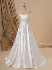 Wedding Dress Elegant Simple, A-line Satin Straight Pleated Sweep Train Corset Wedding Dress