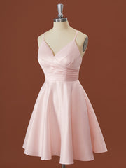 Black Gown, A-line Satin V-neck Pleated Short/Mini Bridesmaid Dress