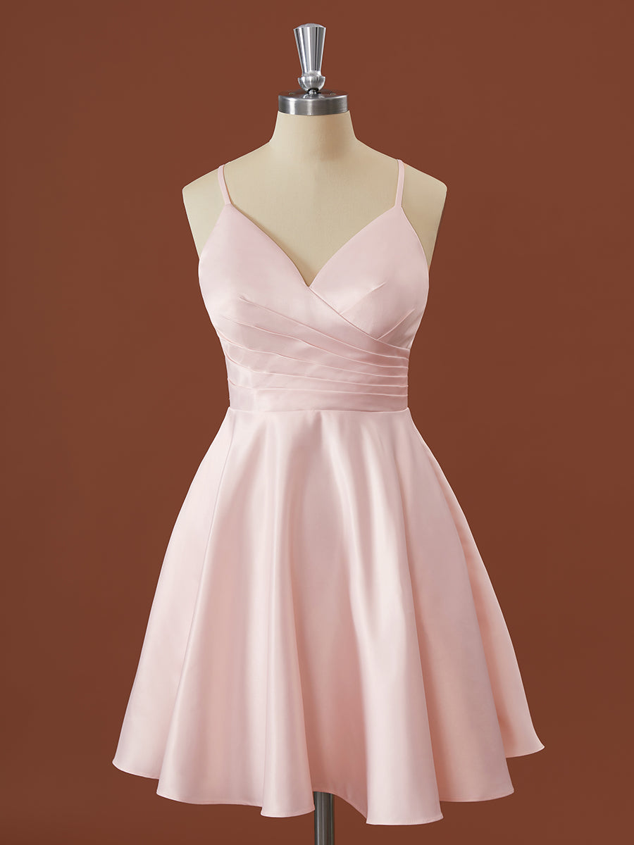 Chiffon Dress, A-line Satin V-neck Pleated Short/Mini Bridesmaid Dress