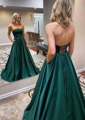 Prom Dress Corset, A-line Scalloped Neck Sweep Train Satin Prom Dress With Pockets