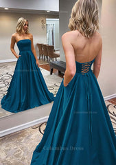 Prom Dresses For Black, A-line Scalloped Neck Sweep Train Satin Prom Dress With Pockets