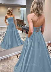 Prom Dress Shops Nearby, A-line Scalloped Neck Sweep Train Satin Prom Dress With Pockets