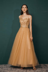 Party Dresses Short Tight, A-Line Scoop Neckline Sheer Appliques Beaded Ankle Length Prom Dresses