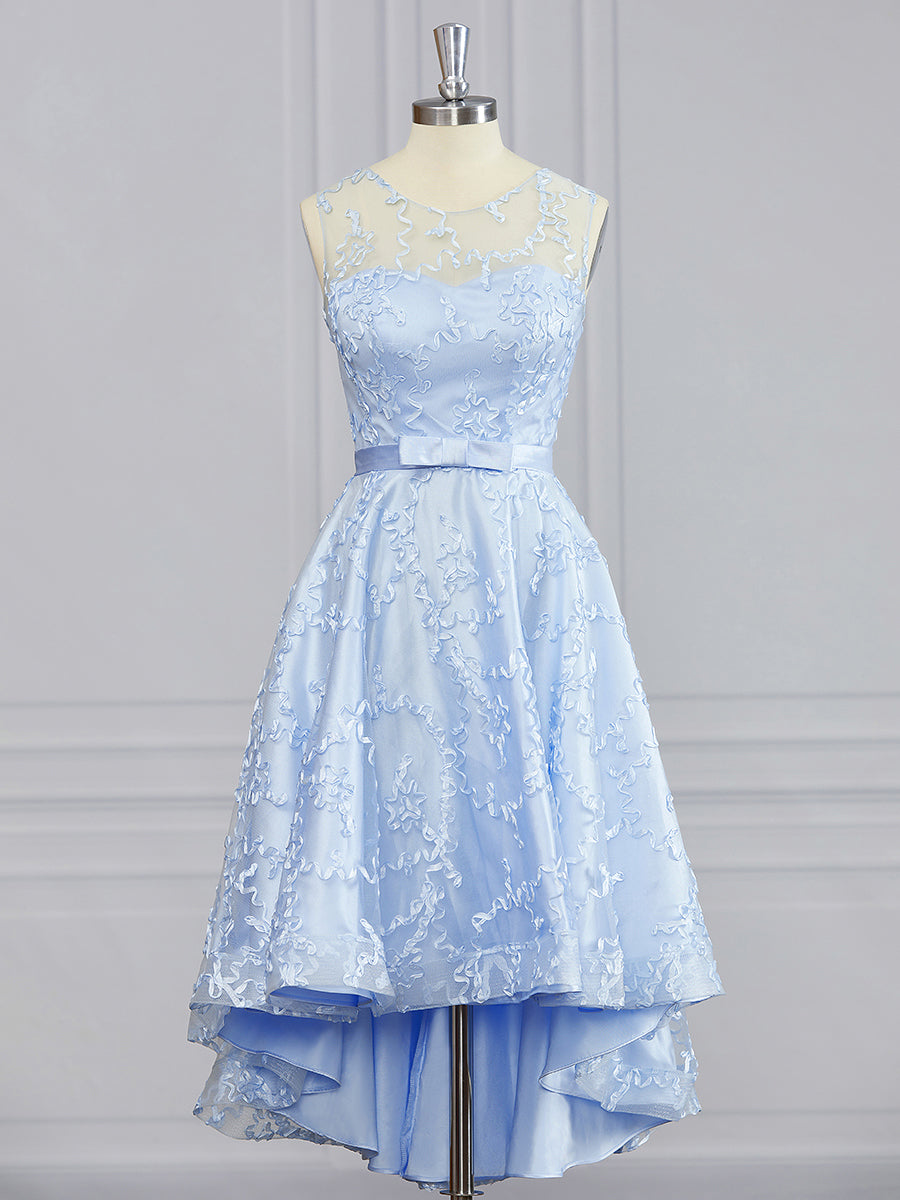 Prom Dress Online, A-line Scoop Ruffles Asymmetrical Lace Dress