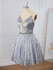 Prom Dresses Silk, A-line Sequins V-neck Sash/Ribbon/Belt Short/Mini Dress