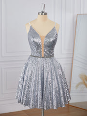Prom Dress Long Elegent, A-line Sequins V-neck Sash/Ribbon/Belt Short/Mini Dress
