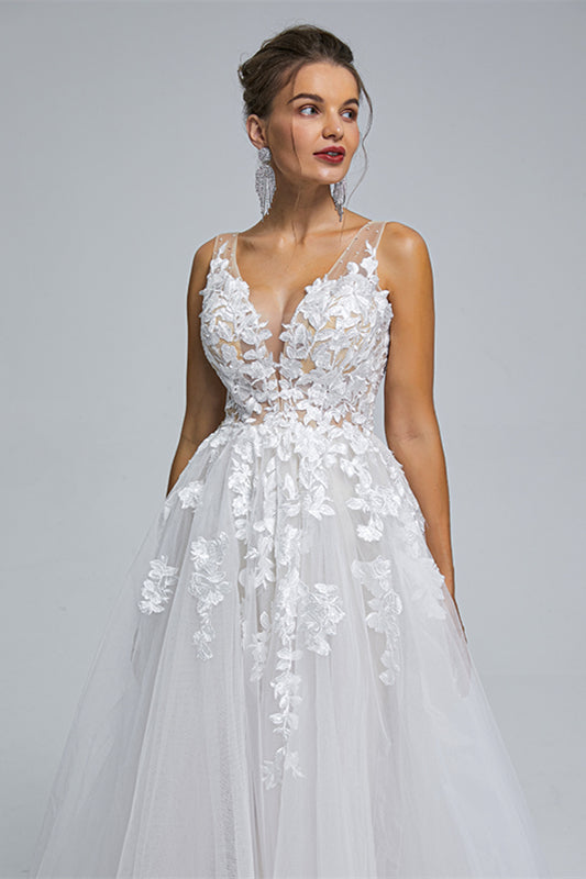 Wedding Dress For, A-LINE SHEER STRAPS V-NECK TULLE APPLIQUE FLOOR-LENGTH SLEEVELESS WEDDING DRESSES
