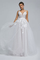 Wedding Dresses Idea, A-LINE SHEER STRAPS V-NECK TULLE APPLIQUE FLOOR-LENGTH SLEEVELESS WEDDING DRESSES