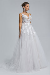 Wedding Dress Styled, A-LINE SHEER STRAPS V-NECK TULLE APPLIQUE FLOOR-LENGTH SLEEVELESS WEDDING DRESSES
