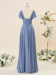 Party Dress High Neck, A-line Short Sleeves Chiffon V-neck Floor-Length Bridesmaid Dress