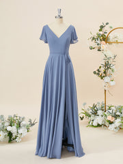 Corset Prom Dress, A-line Short Sleeves Chiffon V-neck Floor-Length Bridesmaid Dress