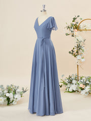 Party Outfit Night, A-line Short Sleeves Chiffon V-neck Floor-Length Bridesmaid Dress