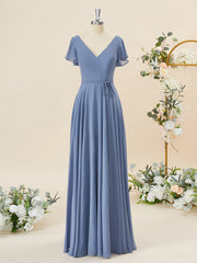 Lace Dress, A-line Short Sleeves Chiffon V-neck Floor-Length Bridesmaid Dress