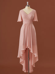 Formal Dresses Off The Shoulder, A-line Short Sleeves Chiffon V-neck Pleated Asymmetrical Bridesmaid Dress