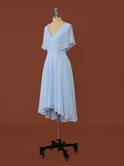 Wedding Inspiration, A-line Short Sleeves Chiffon V-neck Pleated Asymmetrical Dress