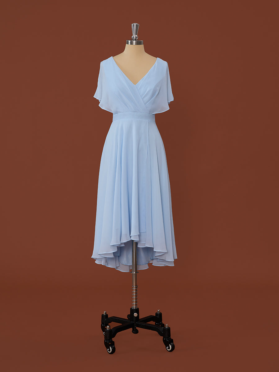 Pretty Prom Dress, A-line Short Sleeves Chiffon V-neck Pleated Asymmetrical Dress