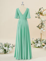 Homecoming Dress Long, A-line Short Sleeves Chiffon V-neck Pleated Floor-Length Bridesmaid Dress