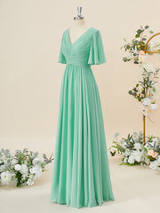 Homecomeing Dresses Long, A-line Short Sleeves Chiffon V-neck Pleated Floor-Length Bridesmaid Dress
