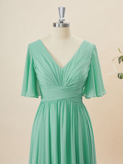 Homecomming Dresses Long, A-line Short Sleeves Chiffon V-neck Pleated Floor-Length Bridesmaid Dress