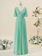 Homecomming Dresses Short, A-line Short Sleeves Chiffon V-neck Pleated Floor-Length Bridesmaid Dress