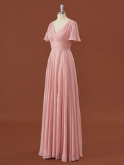 Formal Dresses Floral, A-line Short Sleeves Chiffon V-neck Pleated Floor-Length Bridesmaid Dress