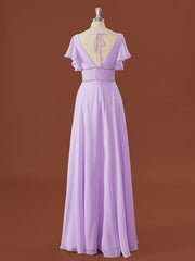 Formal Dress Shop Near Me, A-line Short Sleeves Chiffon V-neck Pleated Floor-Length Bridesmaid Dress