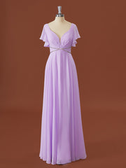 Formal Dress Shops Near Me, A-line Short Sleeves Chiffon V-neck Pleated Floor-Length Bridesmaid Dress