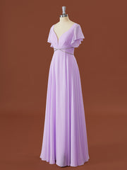 Formal Dresses For Weddings Near Me, A-line Short Sleeves Chiffon V-neck Pleated Floor-Length Bridesmaid Dress