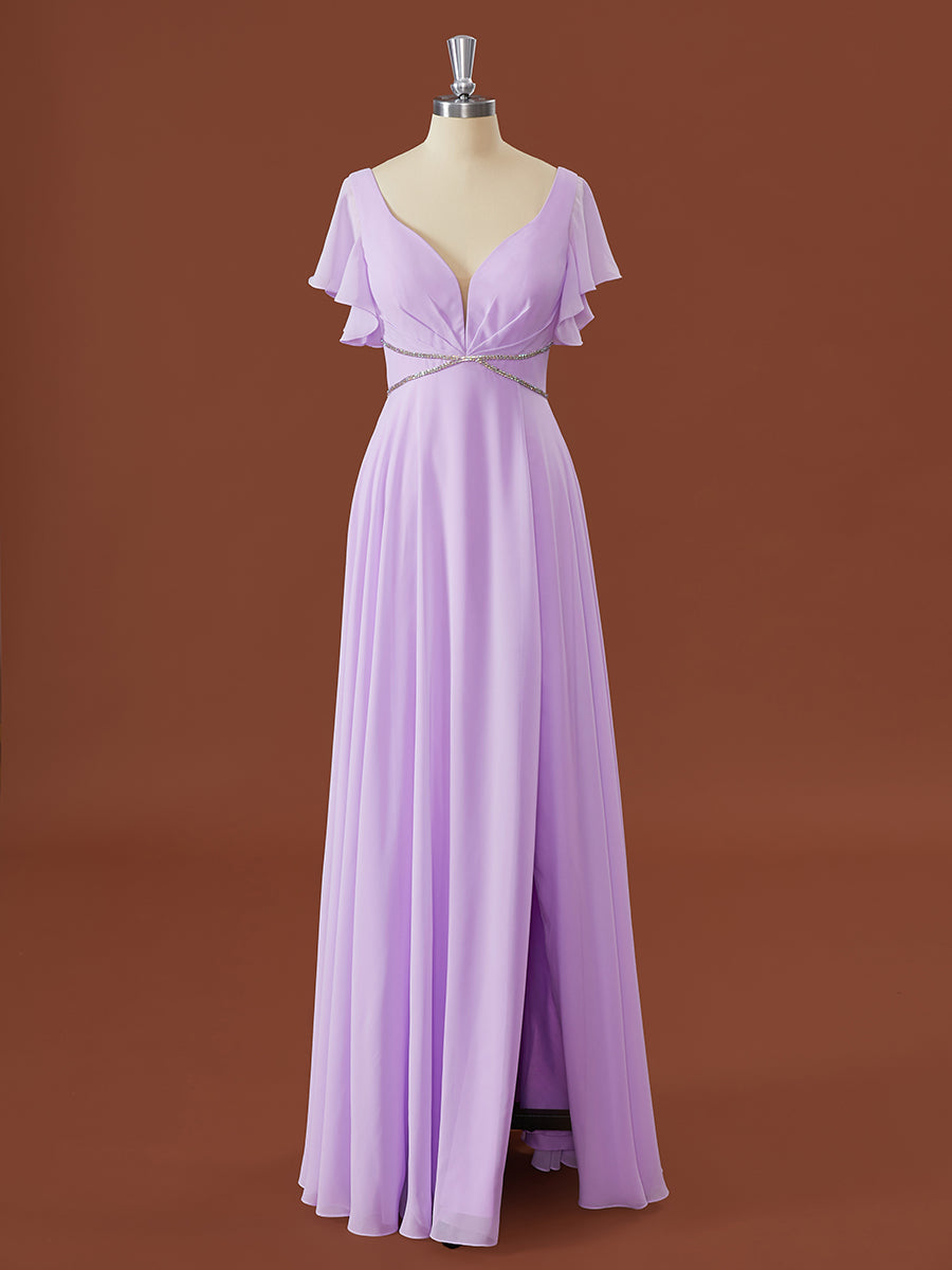 Formal Dresses Near Me, A-line Short Sleeves Chiffon V-neck Pleated Floor-Length Bridesmaid Dress